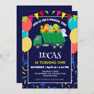 Invitation Cute Dinosaur Green camion à ordures enfant enfant