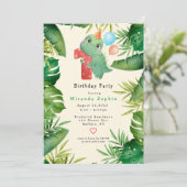 Invitation Cute Dinosaur Green Feuilles 1er anniversaire (Debout devant)