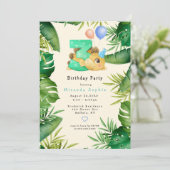 Invitation Cute Dinosaur Green Feuilles 3ème anniversaire (Debout devant)