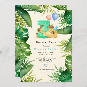 Invitation Cute Dinosaur Green Feuilles 3ème anniversaire