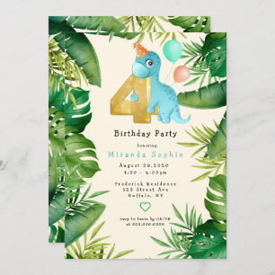 Invitation Cute Dinosaur Green Feuilles 4ème anniversaire