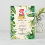 Invitation Cute Dinosaur Green Feuilles 5ème anniversaire (Debout devant)