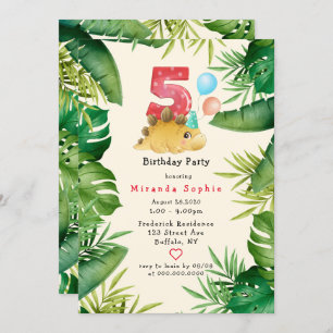 Invitation Cute Dinosaur Green Feuilles 5ème anniversaire