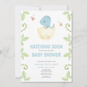 Invitation Cute Dinosaur Hatching Bientôt Blue Boy Baby showe (Devant)