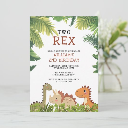 Invitation Cute Dinosaur Jurassic Two Rex 2e fête d'anniversa (Debout devant)