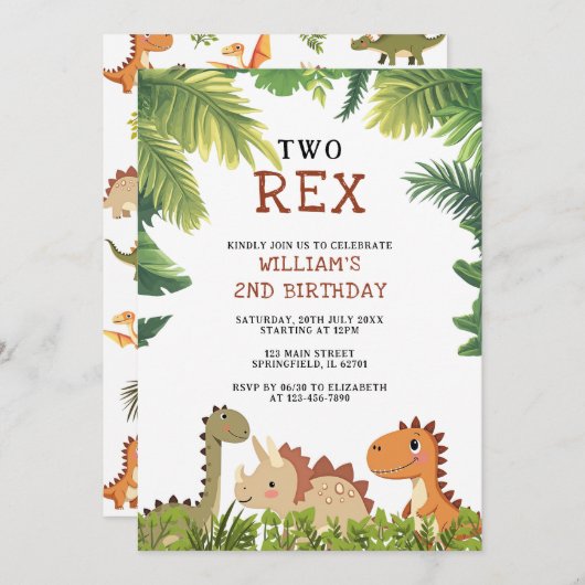 Invitation Cute Dinosaur Jurassic Two Rex 2e fête d'anniversa (Devant / Derrière)