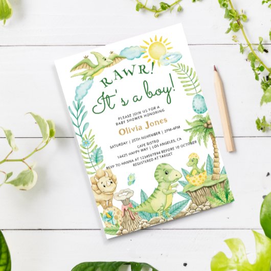 Invitation Cute Dinosaur Oeuf Aquarelle Baby shower garçon