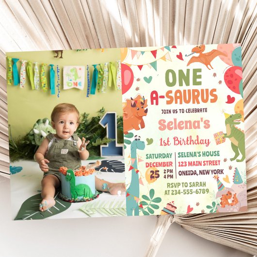 Invitation Cute Dinosaur One-A-Saurus 1er Anniversaire Photo