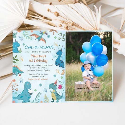 Invitation Cute Dinosaur One-A-Saurus 1er Anniversaire Photo