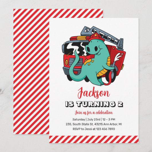 Invitation Cute Dinosaur Pompier Enfants Dino Anniversaire (Devant / Derrière)
