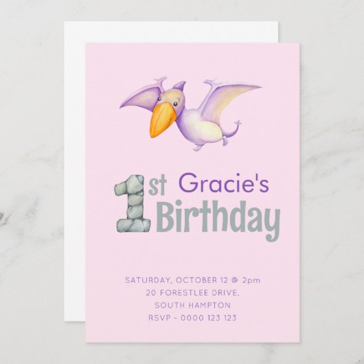 Invitation Cute Dinosaur Pterodactyl 1ère fête d'anniversaire (Devant / Derrière)