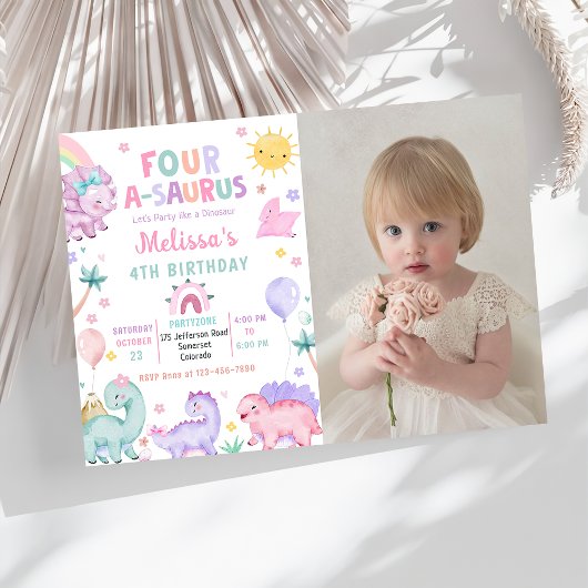 Invitation Cute Dinosaur Quatre-A-Saurus 4e anniversaire Phot