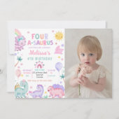 Invitation Cute Dinosaur Quatre-A-Saurus 4e anniversaire Phot (Devant)
