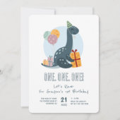 Invitation Cute Dinosaur Rawr Blue 1er anniversaire (Devant)