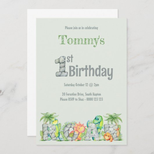 Invitation Cute Dinosaur Roar 1er Anniversaire Garçons (Devant / Derrière)