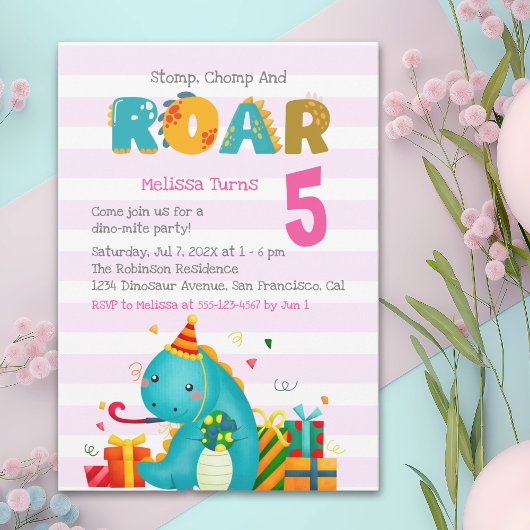 Invitation Cute Dinosaur Stomp Chomp and roar Birthday Girl
