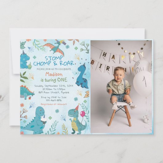 Invitation Cute Dinosaur Stomp Chomp Roar 1er Anniversaire Ph (Devant)