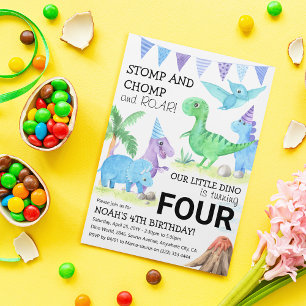 Invitation Cute Dinosaur Stomp, Chomp & Roar 4e anniversaire