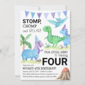 Invitation Cute Dinosaur Stomp, Chomp & Roar 4e anniversaire (Devant)