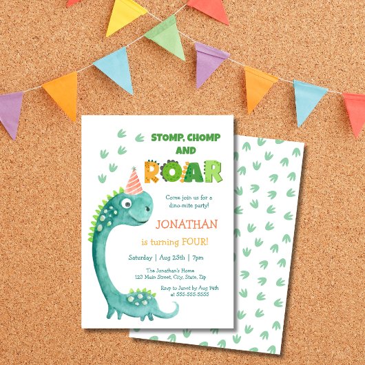 Invitation Cute Dinosaur Stomp Chomp Roar Birthday