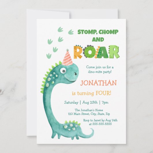 Invitation Cute Dinosaur Stomp Chomp Roar Birthday (Devant)