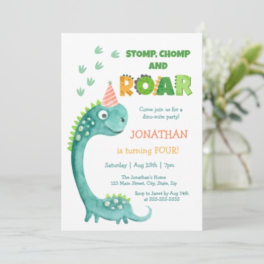 Invitation Cute Dinosaur Stomp Chomp Roar Birthday (Debout devant)