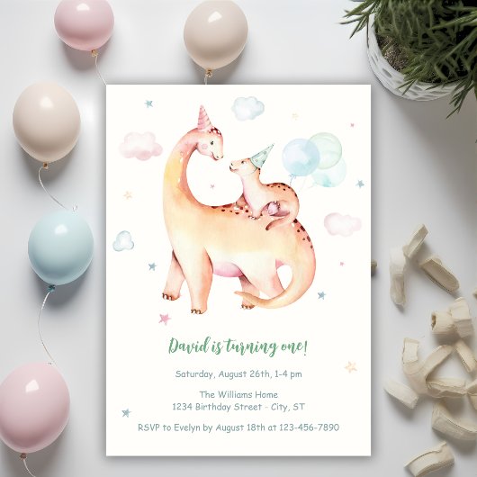 Invitation Cute Dinosaur Thème 1er Anniversaire