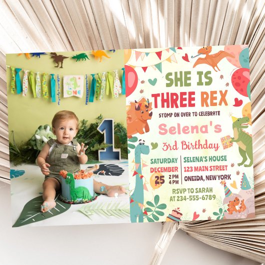 Invitation Cute Dinosaur Three Rex 3rd Birthday Party Photo