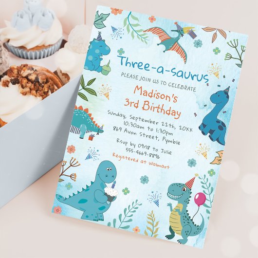 Invitation Cute Dinosaur Trois-A-Saurus 3e anniversaire