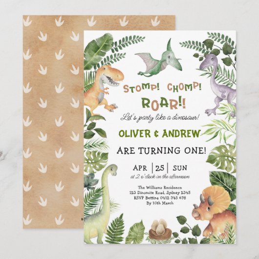 Invitation Cute Dinosaur Twin Boys Anniversaire Jurassique (Devant / Derrière)