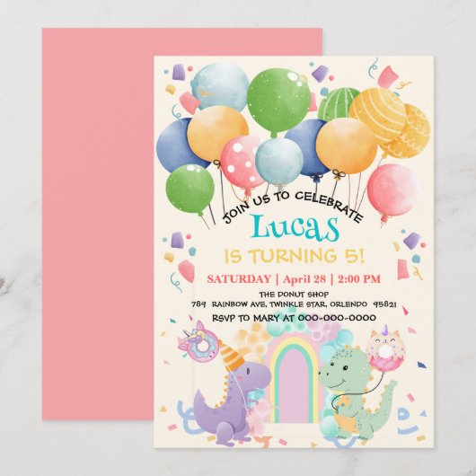 Invitation Cute Dinosaur Unicorn Arc-en-ciel motif ballon de  (Devant / Derrière)