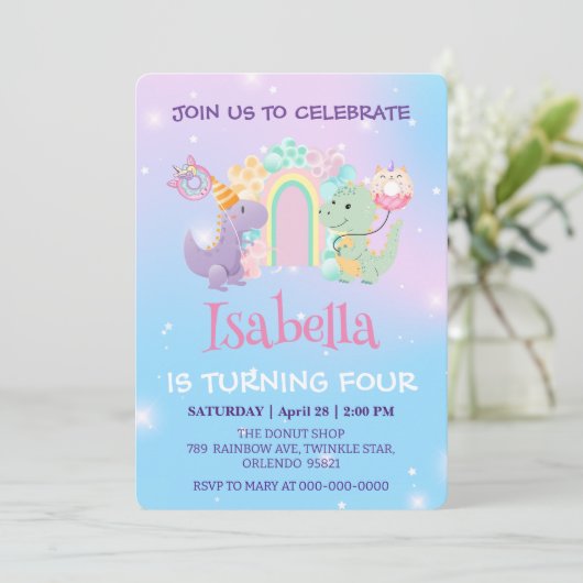 Invitation Cute Dinosaur Unicorn Rainbow ballon Anniversaire (Debout devant)