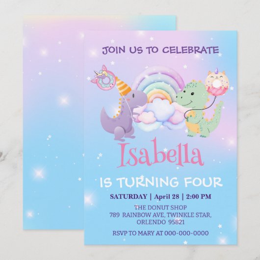 Invitation Cute Dinosaur Unicorn Rainbow ballon Anniversaire  (Devant / Derrière)