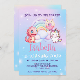 Invitation Cute Dinosaur Unicorn Rainbow ballon Anniversaire 
