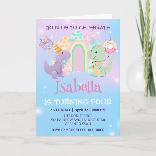 Invitation Cute Dinosaur Unicorn Rainbow ballon Anniversaire  (Devant)