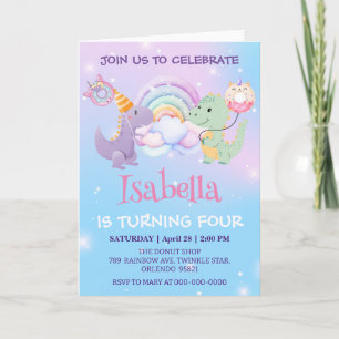 Invitation Cute Dinosaur Unicorn Rainbow ballon Anniversaire