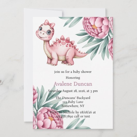Invitation Cute Dinosaur with Pink Peony Girl Baby Shower (Devant)