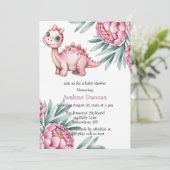 Invitation Cute Dinosaur with Pink Peony Girl Baby Shower (Debout devant)