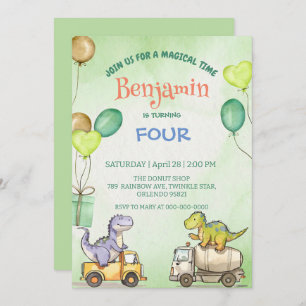 Invitation Cute dinosaure camion ciment Rainbow School Annive