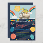 Invitation Cute dinosaure camion ciment Rainbow School Annive (Devant / Derrière)