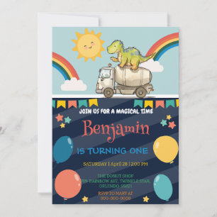 Invitation Cute dinosaure camion ciment Rainbow School Annive