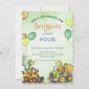 Invitation Cute dinosaure Excavateur tracteur ballon Annivers