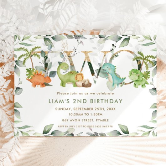 Invitation Cute Dinosaures Verdure 2e anniversaire Deux
