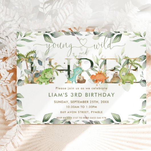 Invitation Cute Dinosaures Verdure 3e anniversaire Trois