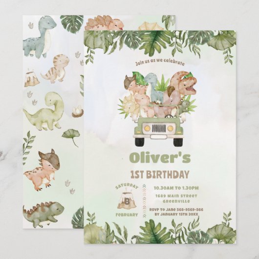 Invitation Cute Dinosaurs Safari voiture 1er 2e 3e anniversai (Devant / Derrière)