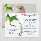 Invitation Cute Dragon Monsters Photo 1er Anniversaire (Devant / Derrière)