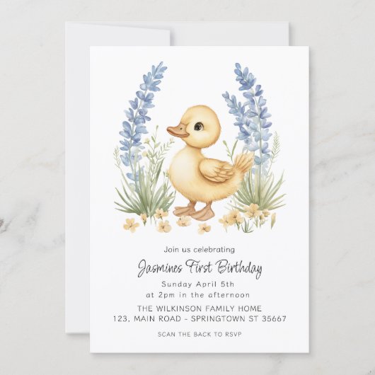 Invitation Cute Duckling Garden First Birthday QR Code  (Devant)