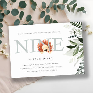 Invitation Cute Dusky Blue Lion Foliage 9e Anniversaire