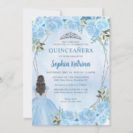 Invitation Cute Dusty Blue Silver Floral Princess Quinceañera (Devant)