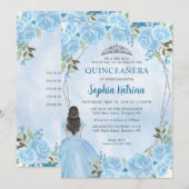 Invitation Cute Dusty Blue Silver Floral Princess Quinceañera (Devant / Derrière)
